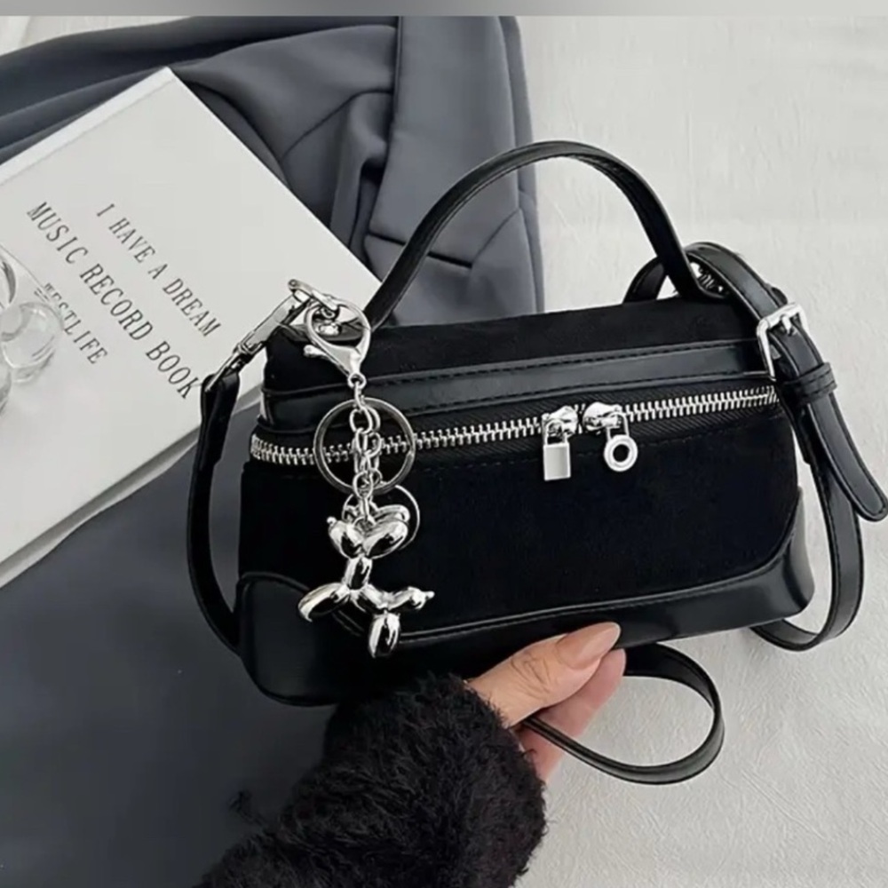 Faux Leather Suede Mix Chic Retro-Inspired Mini Crossbody Bag.